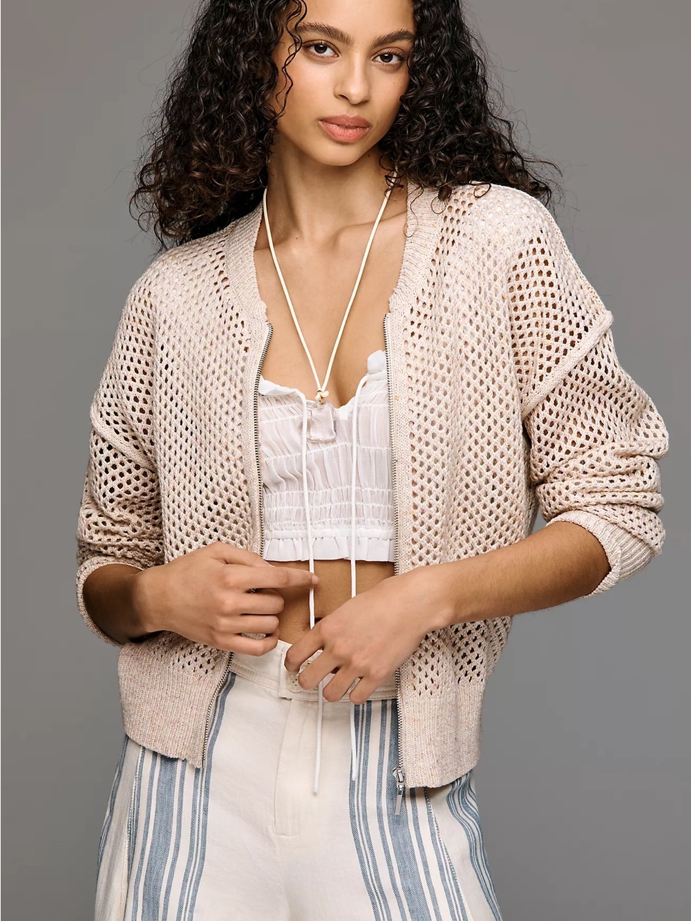 Anthropologie Pilcro Juniper Open Knit Bomber Cardigan in White Putty Small